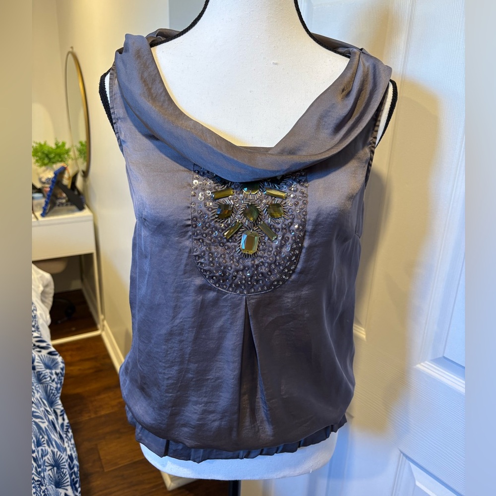 RW&CO NWT Embellished Cowl Neck Sleeveless Blouse Gray Beaded Top Size S